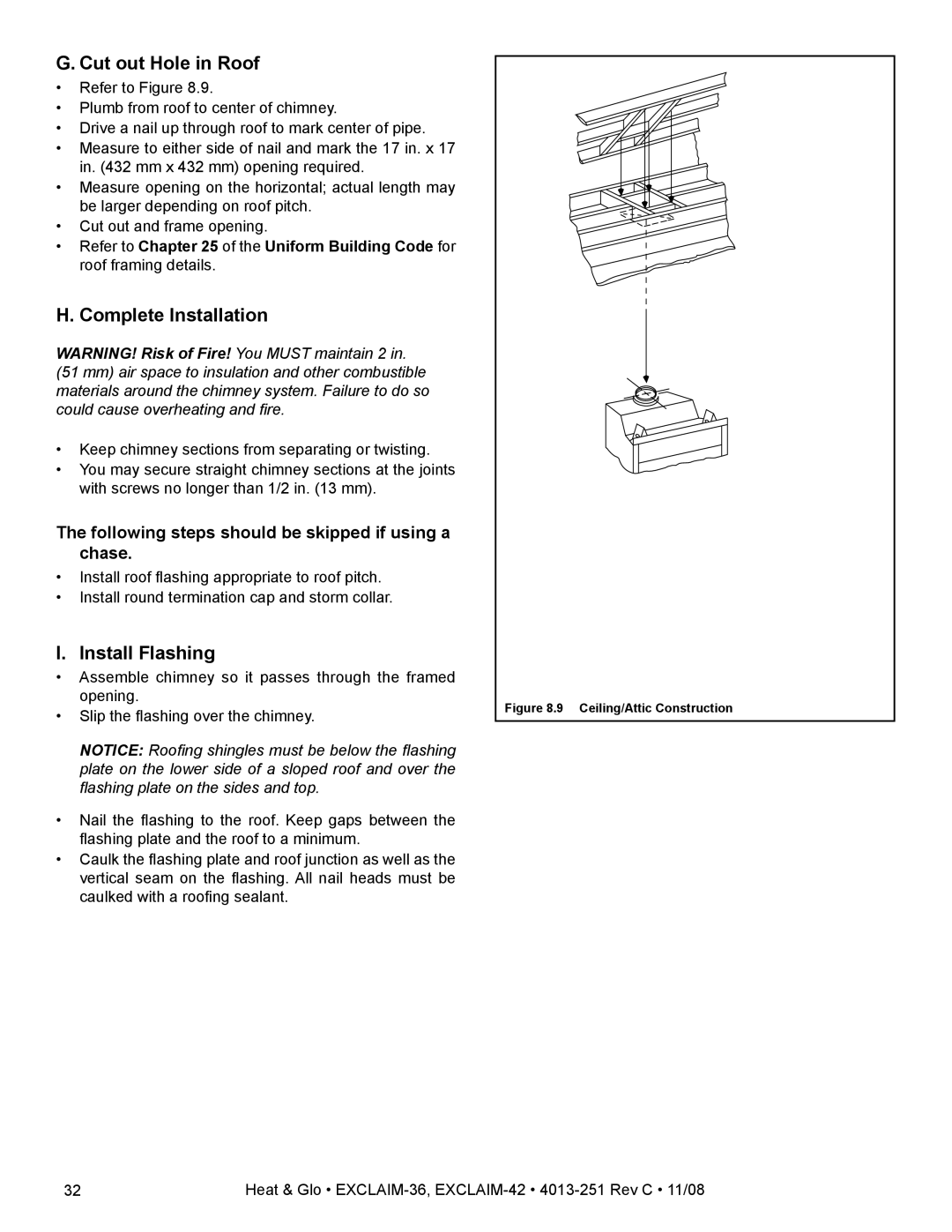 Hearth and Home Technologies EXCLAIM-36 owner manual Cut out Hole in Roof, Complete Installation, Install Flashing 