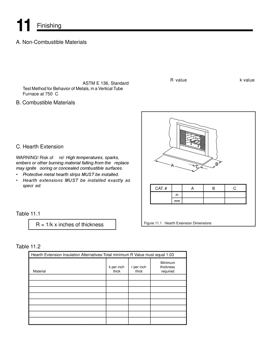 Hearth and Home Technologies EXCLAIM-36 owner manual Finishing, Hearth Extension, = 1/k x inches of thickness 