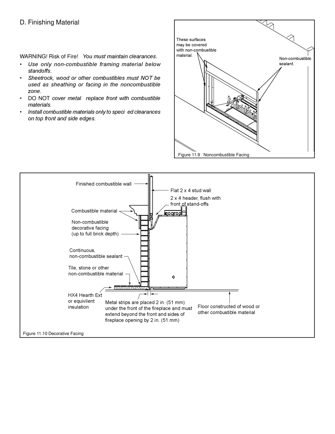 Hearth and Home Technologies EXCLAIM-36 owner manual Finishing Material, Noncombustible Facing 