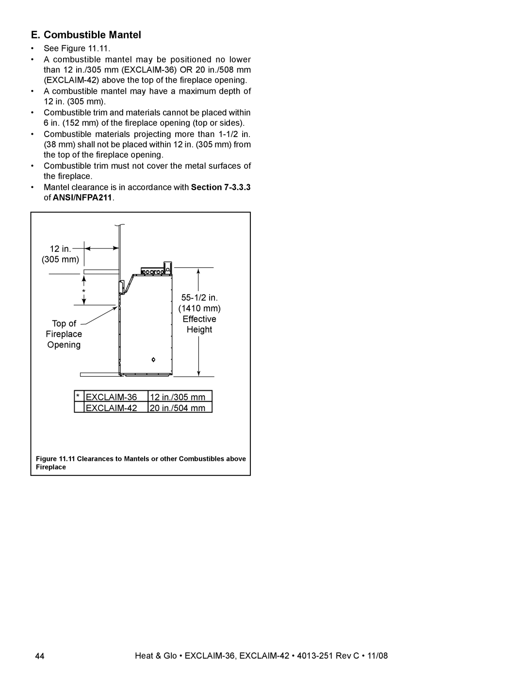 Hearth and Home Technologies EXCLAIM-36 owner manual Combustible Mantel 