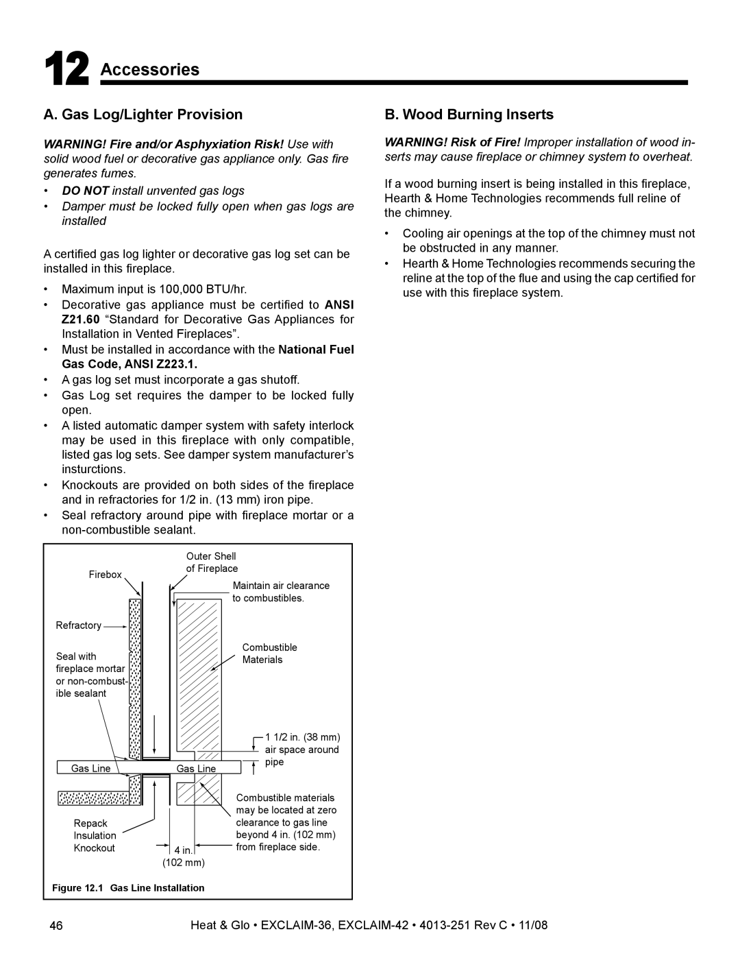 Hearth and Home Technologies EXCLAIM-36 owner manual Accessories, Gas Log/Lighter Provision, Wood Burning Inserts 