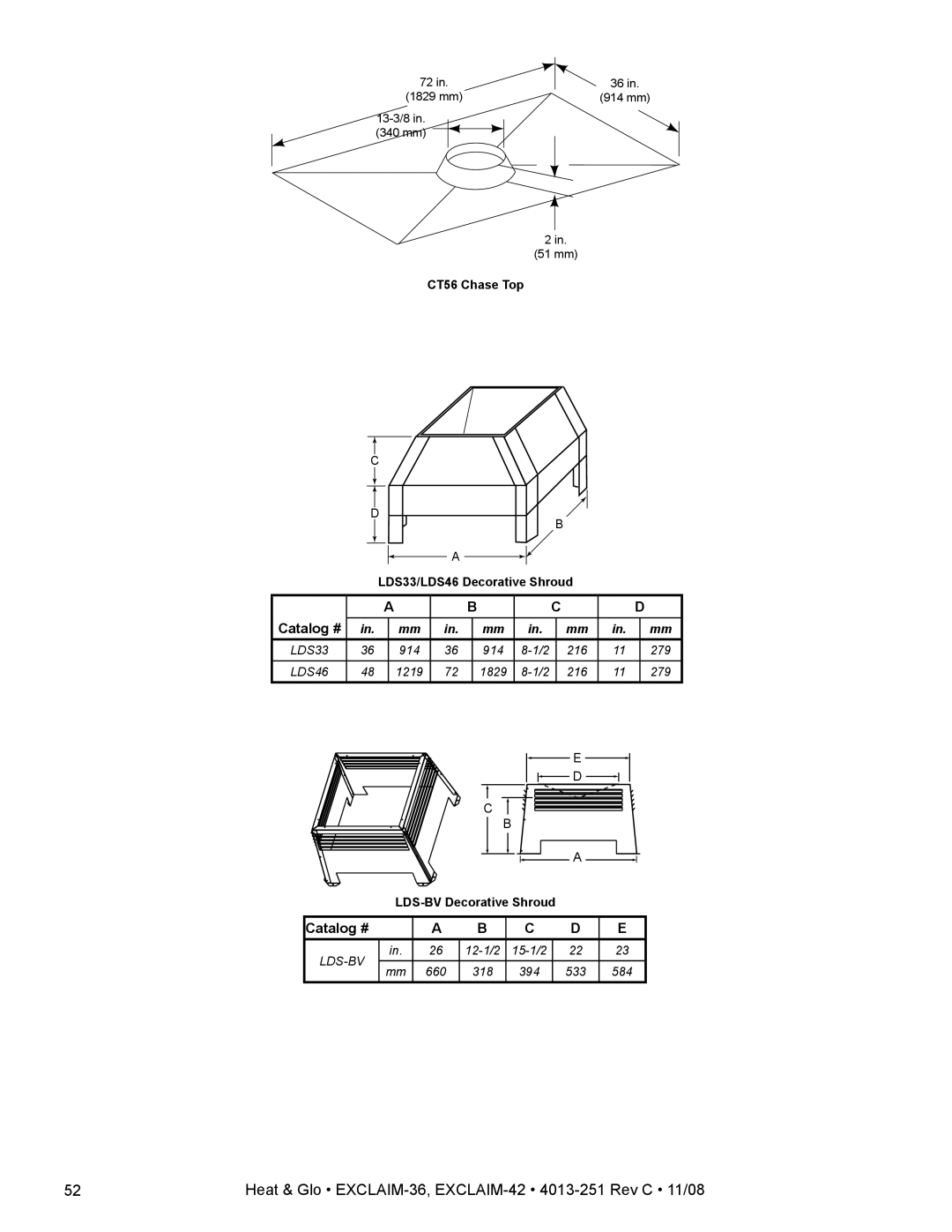 Hearth and Home Technologies EXCLAIM-36 owner manual CT56 Chase Top LDS33/LDS46 Decorative Shroud 