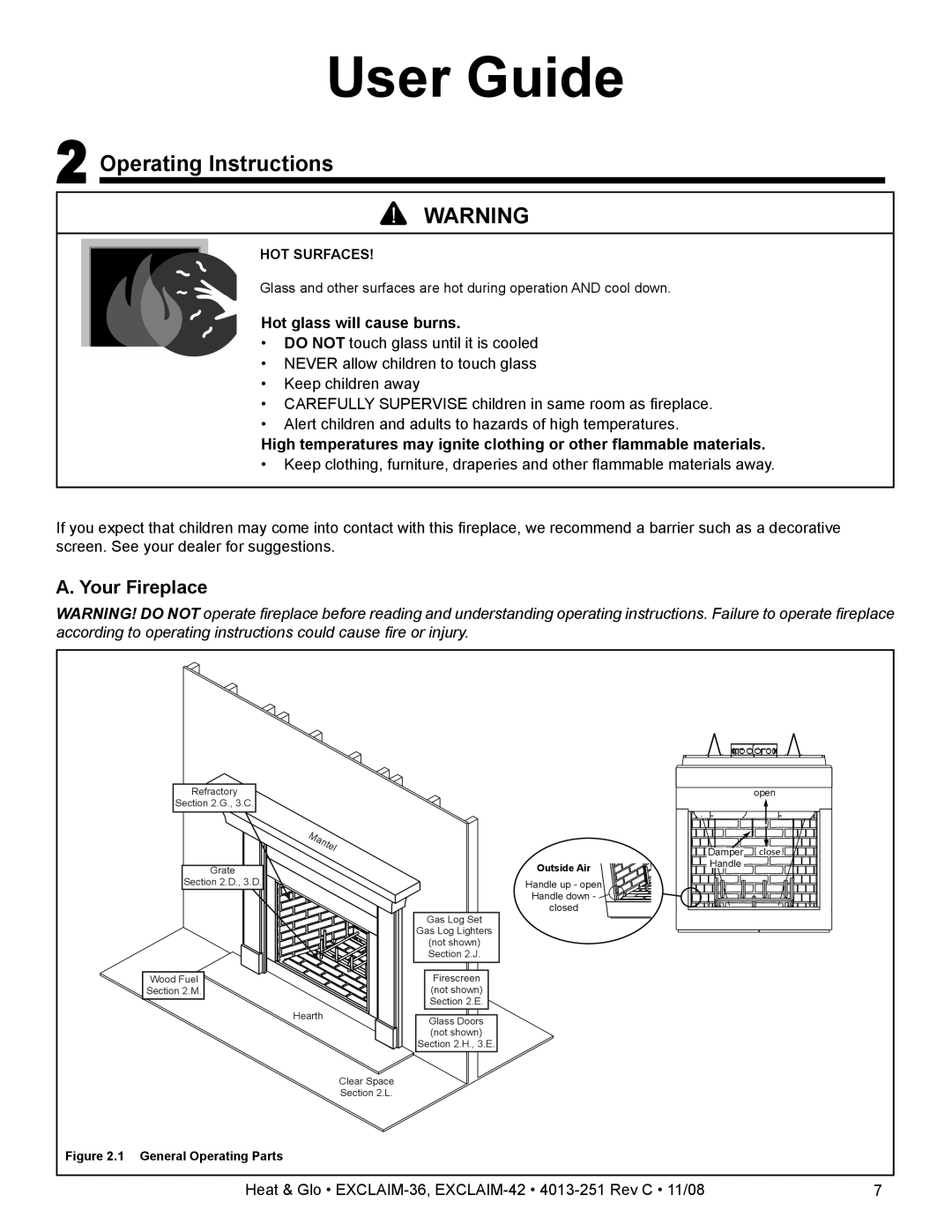 Hearth and Home Technologies EXCLAIM-36 owner manual Operating Instructions, Your Fireplace, Hot glass will cause burns 