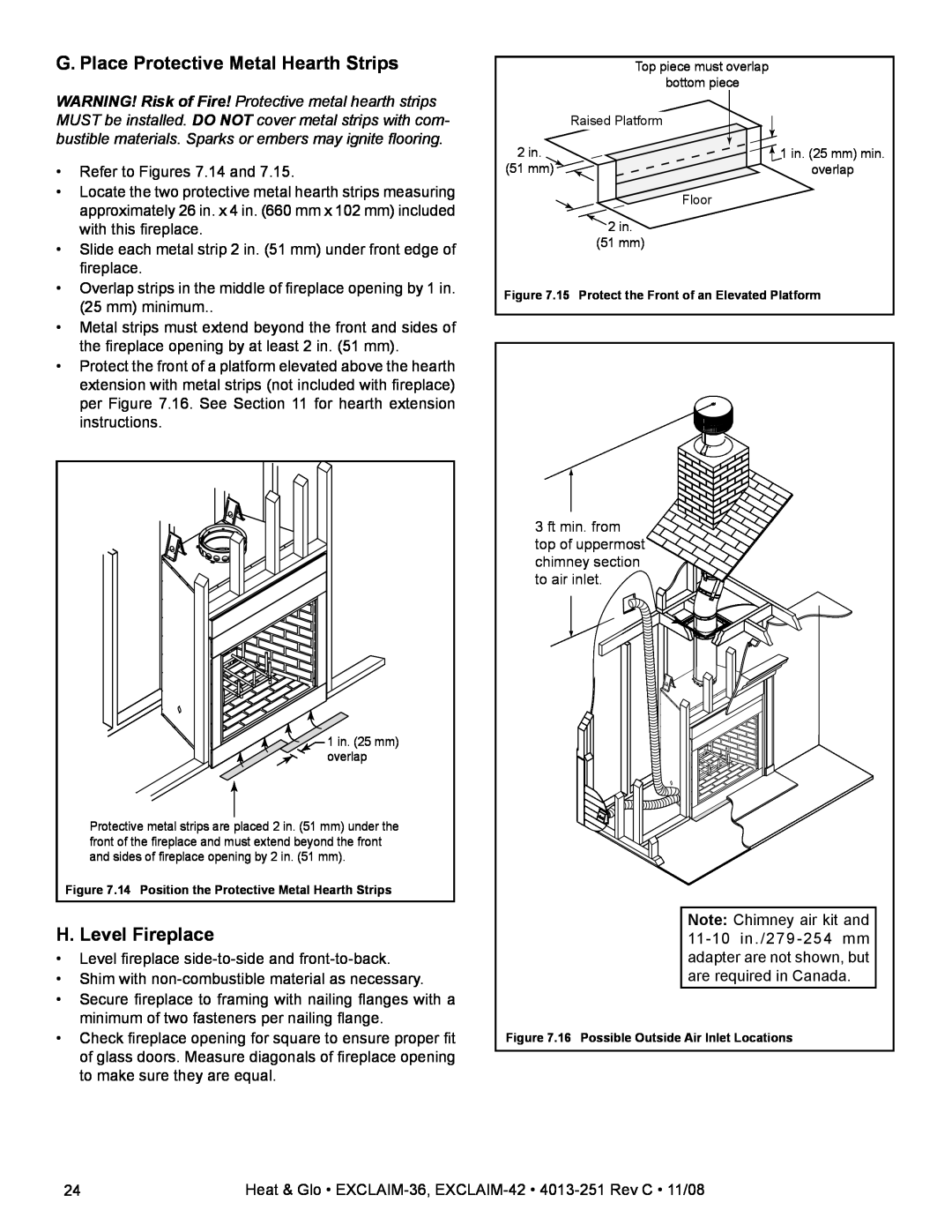 Hearth and Home Technologies EXCLAIM-36 owner manual G. Place Protective Metal Hearth Strips, H. Level Fireplace 