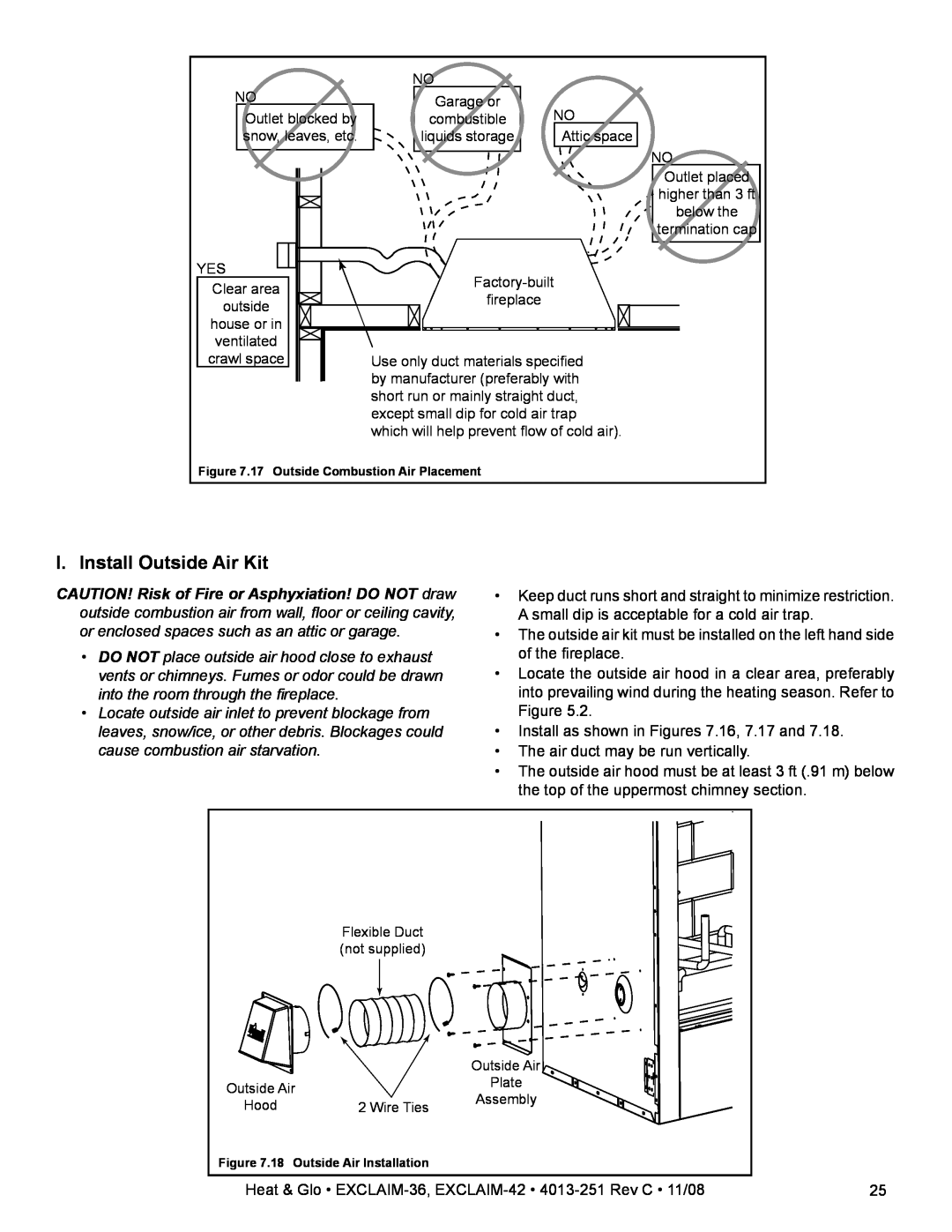 Hearth and Home Technologies EXCLAIM-36 owner manual I. Install Outside Air Kit, 17 Outside Combustion Air Placement 