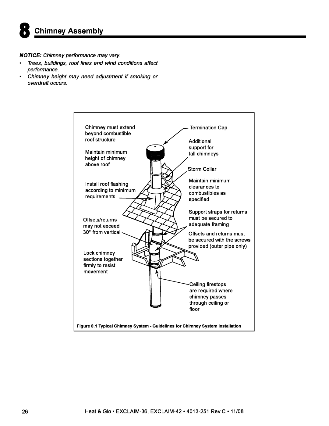 Hearth and Home Technologies EXCLAIM-36 owner manual Chimney Assembly, NOTICE Chimney performance may vary 