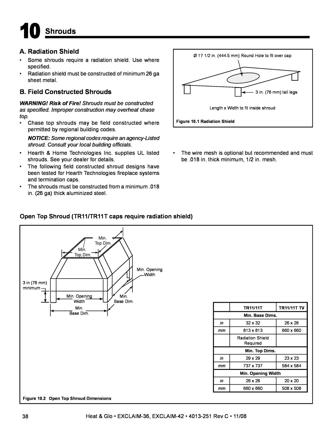 Hearth and Home Technologies EXCLAIM-36 owner manual A. Radiation Shield, B. Field Constructed Shrouds 