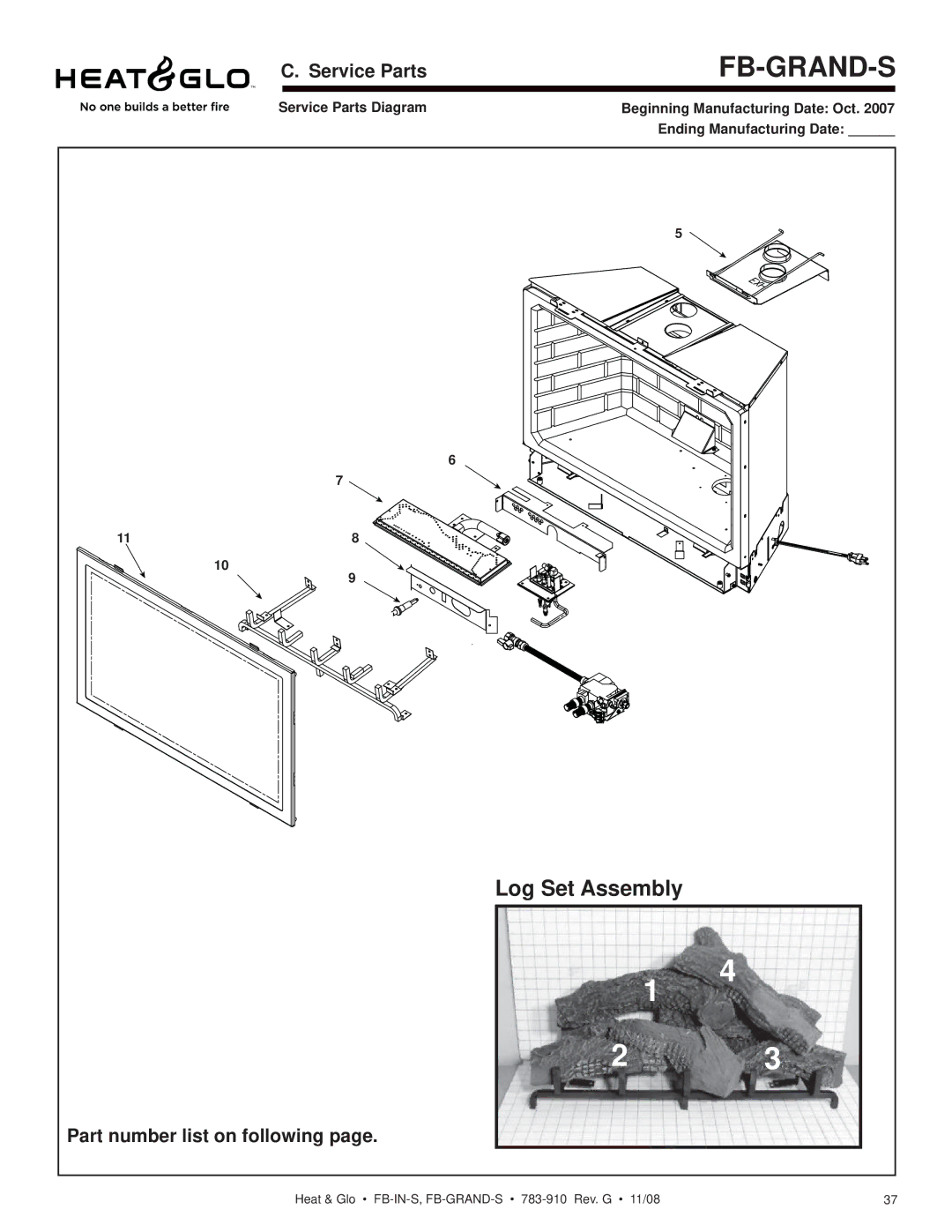 Hearth and Home Technologies FB-GRAND-S, FB-IN-S owner manual Log Set Assembly, Service Parts, Part number list on following 