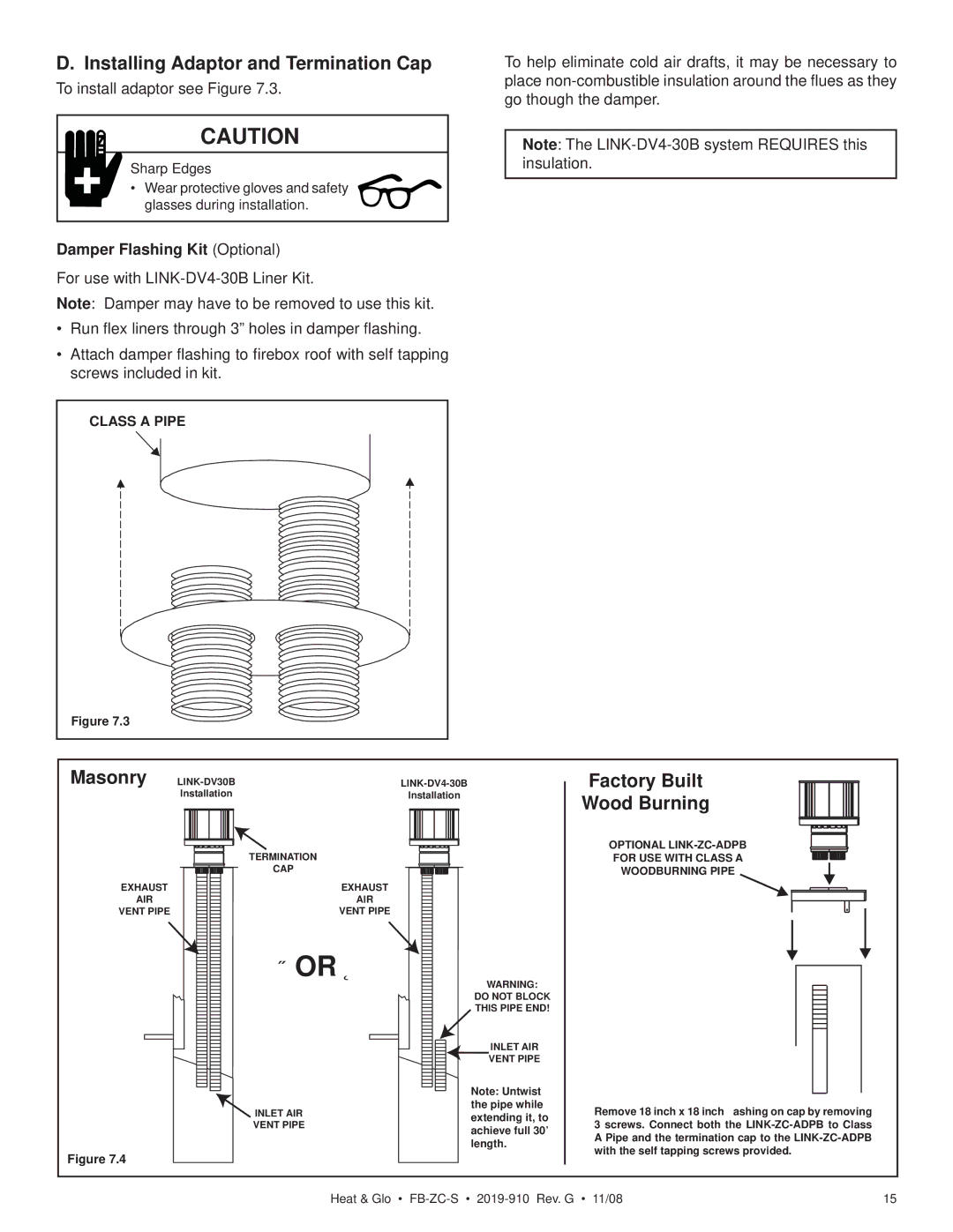 Hearth and Home Technologies FB-ZC-S Installing Adaptor and Termination Cap, Masonry, Factory Built Wood Burning 