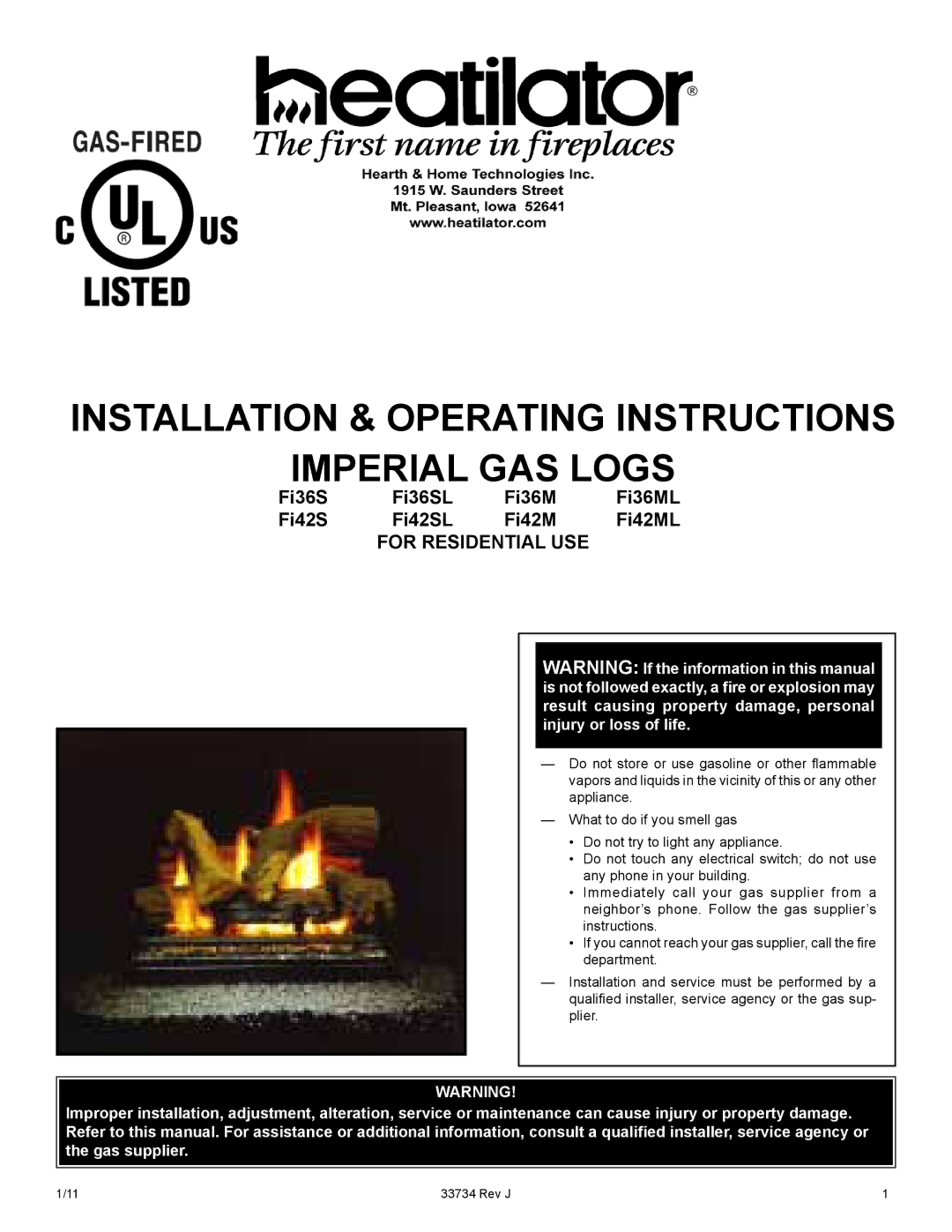 Hearth and Home Technologies FI42ML, FI42S, FI36S, FI36M manual Installation & Operating Instructions Imperial Gas Logs 