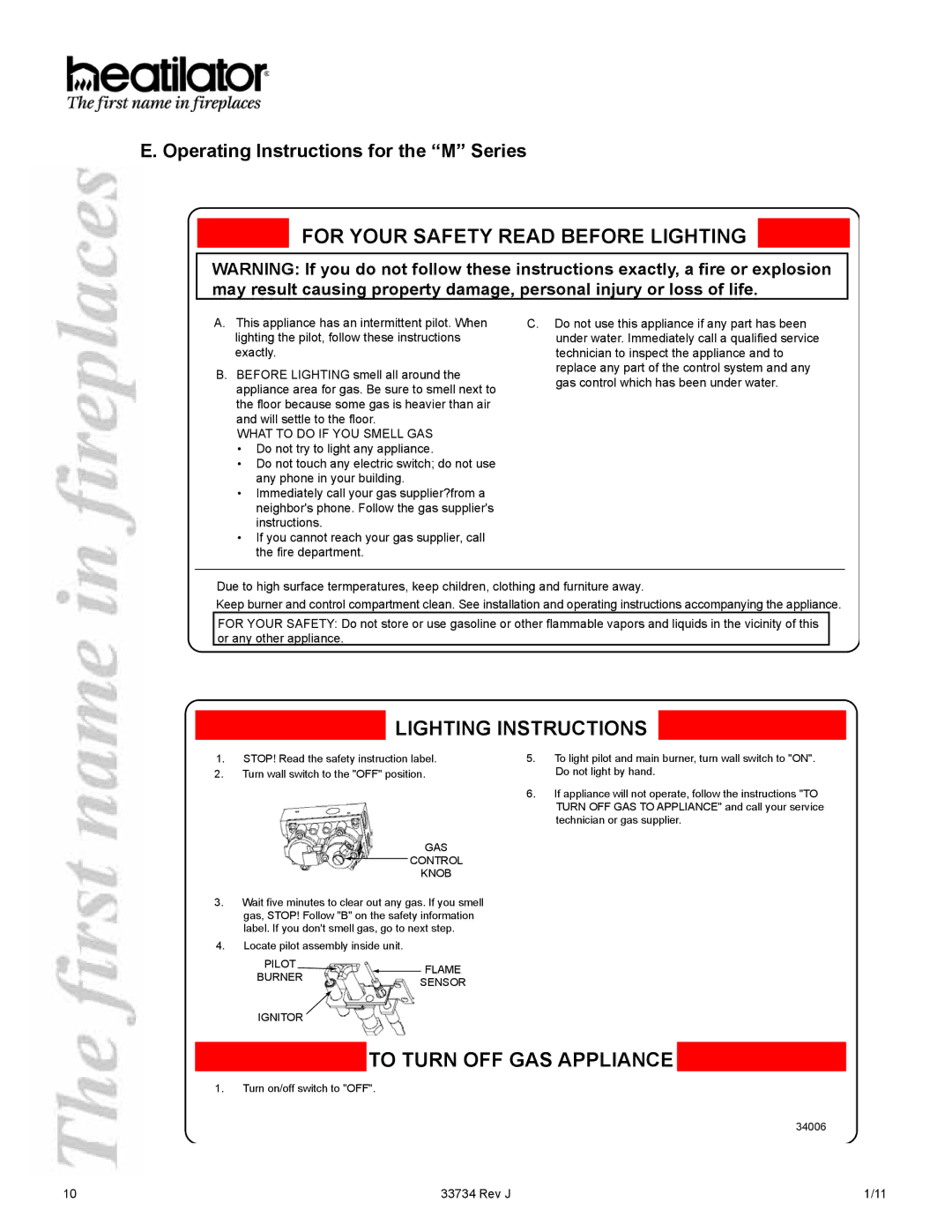 Hearth and Home Technologies FI42M, FI42S For Your Safety Read Before Lighting, Operating Instructions for the M Series 