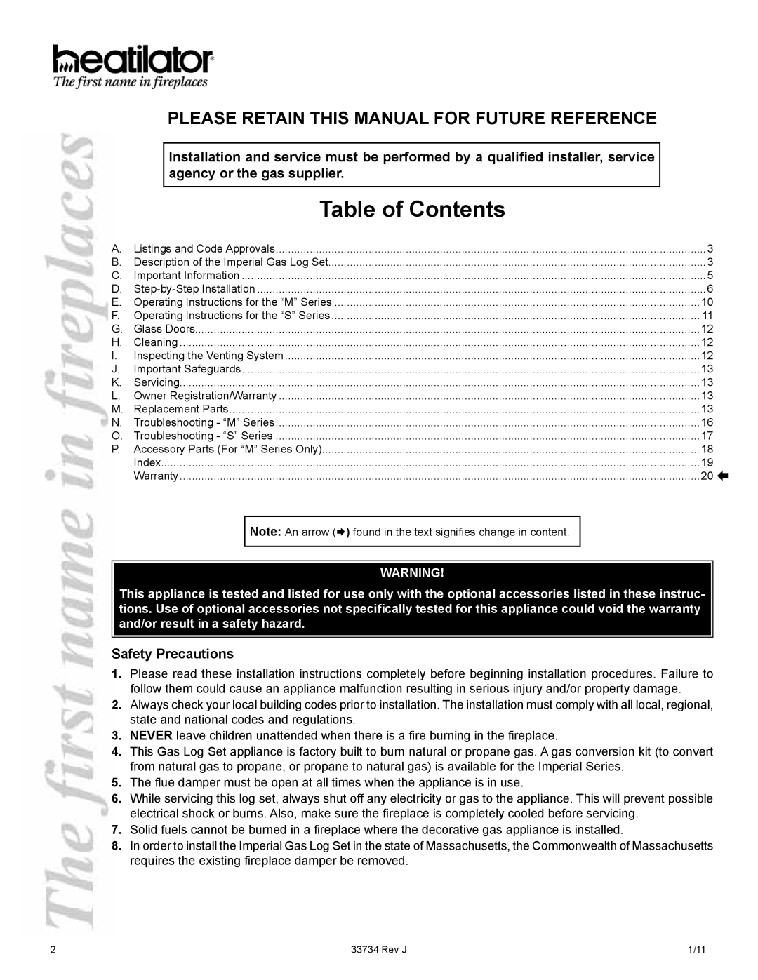 Hearth and Home Technologies FI42ML, FI42SL, FI36ML, FI36SL manual Table of Contents 