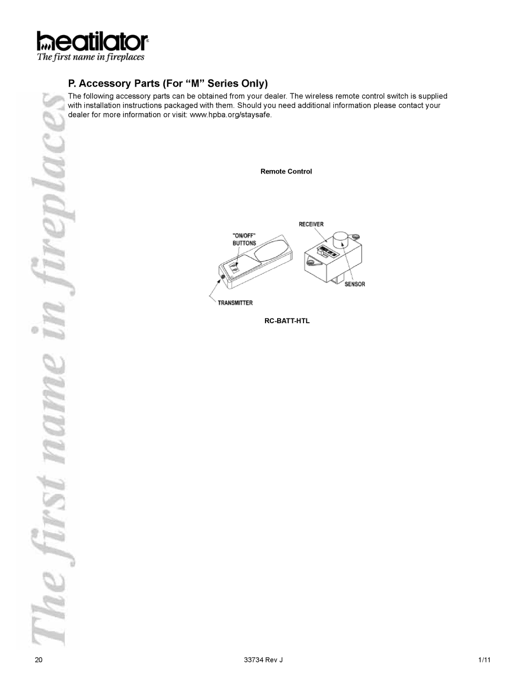 Hearth and Home Technologies FI42ML, FI42SL, FI36ML, FI36SL manual Accessory Parts For M Series Only 