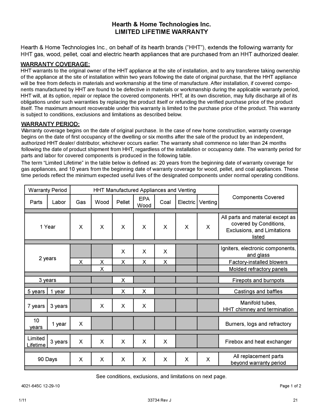 Hearth and Home Technologies FI42SL, FI42ML, FI36S, FI36ML manual Hearth & Home Technologies Inc, Limited Lifetime Warranty 