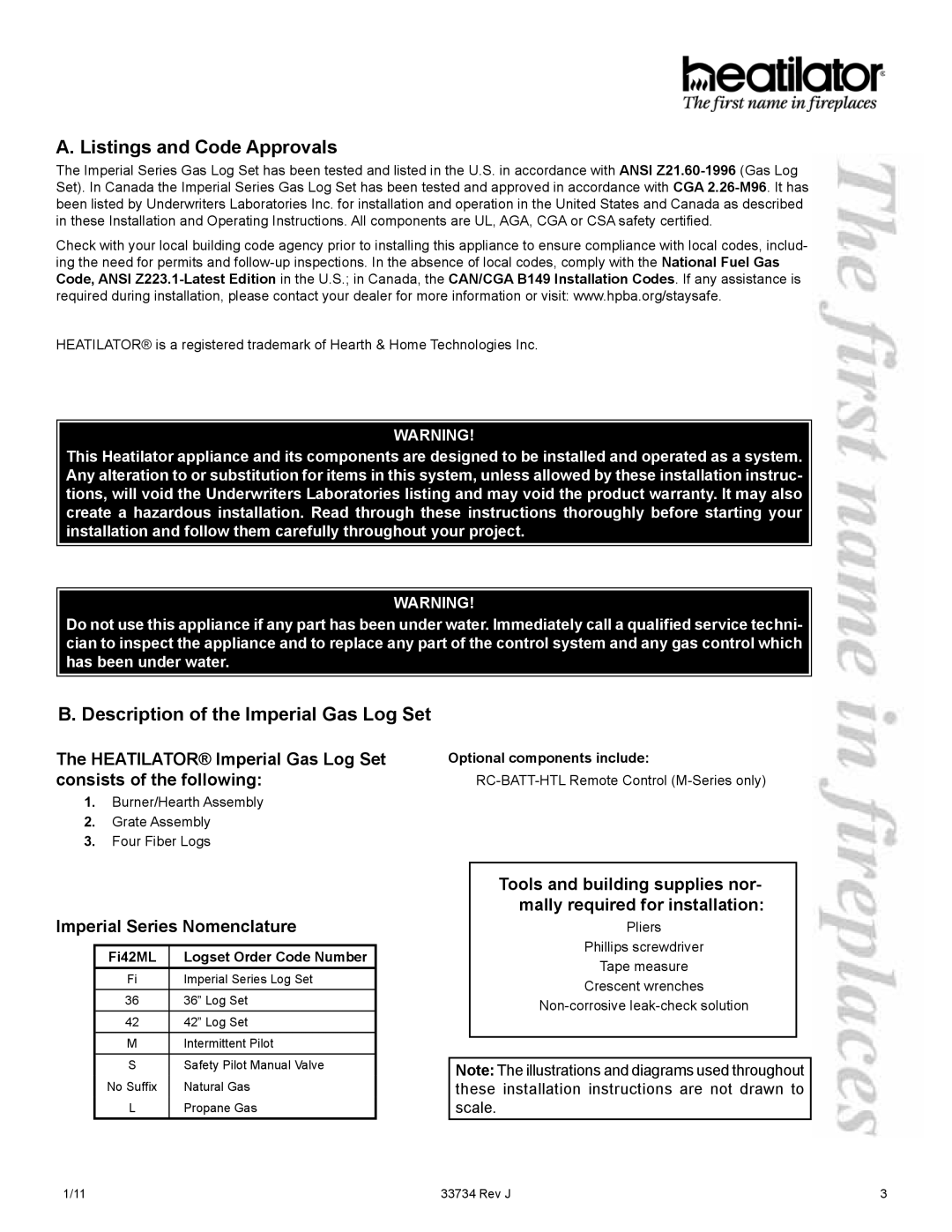 Hearth and Home Technologies FI36S, FI42S, FI42ML manual Listings and Code Approvals, Description of the Imperial Gas Log Set 