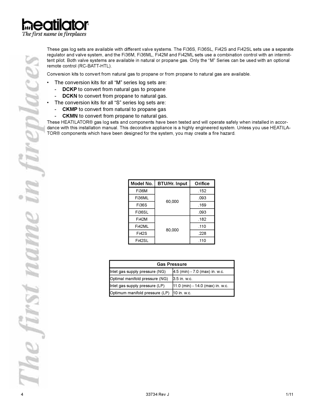 Hearth and Home Technologies FI42ML, FI42SL, FI36ML, FI36SL manual Model No BTU/Hr. Input Orifice 