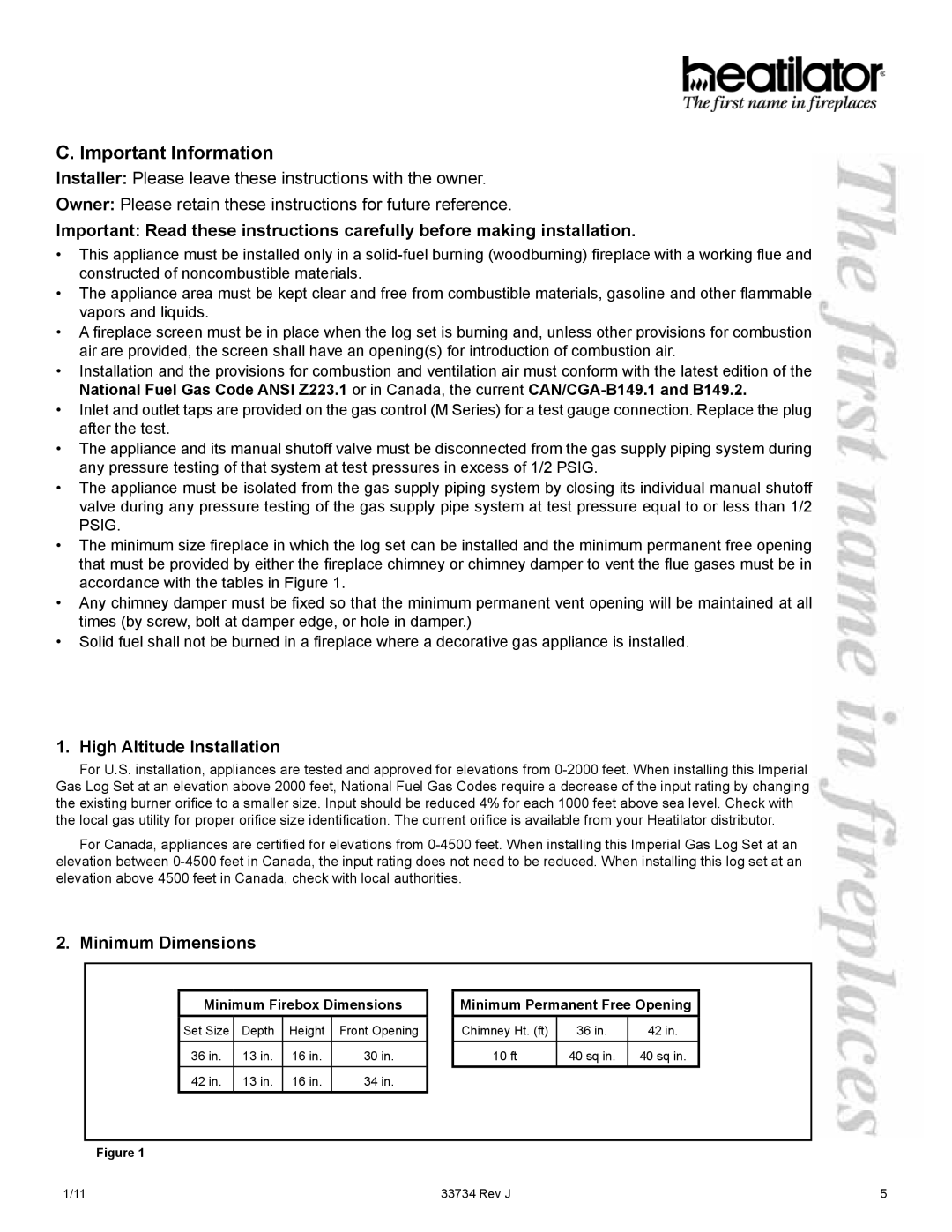 Hearth and Home Technologies FI42SL, FI42ML, FI36S Important Information, High Altitude Installation, Minimum Dimensions 