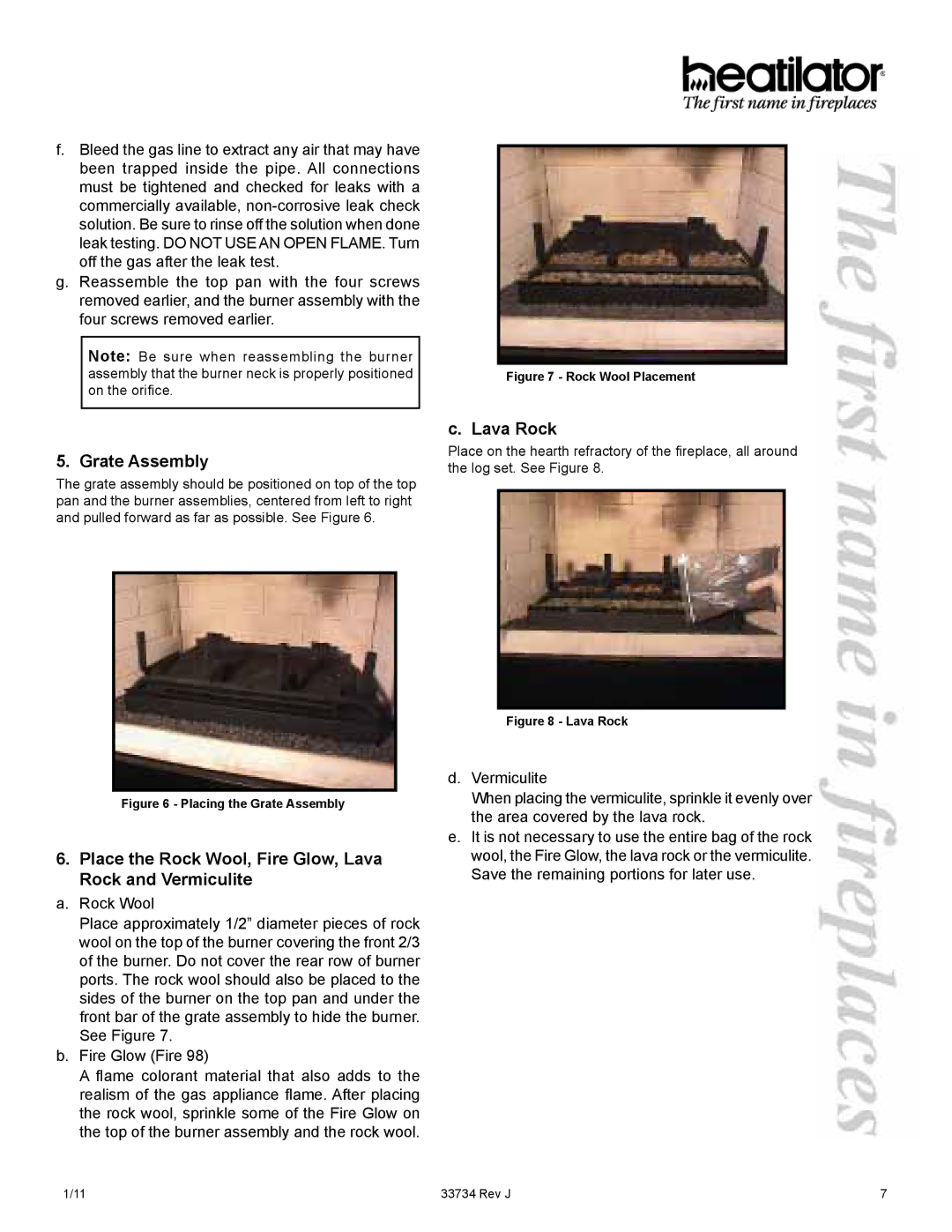 Hearth and Home Technologies FI36SL, FI42S Grate Assembly, Place the Rock Wool, Fire Glow, Lava Rock and Vermiculite 