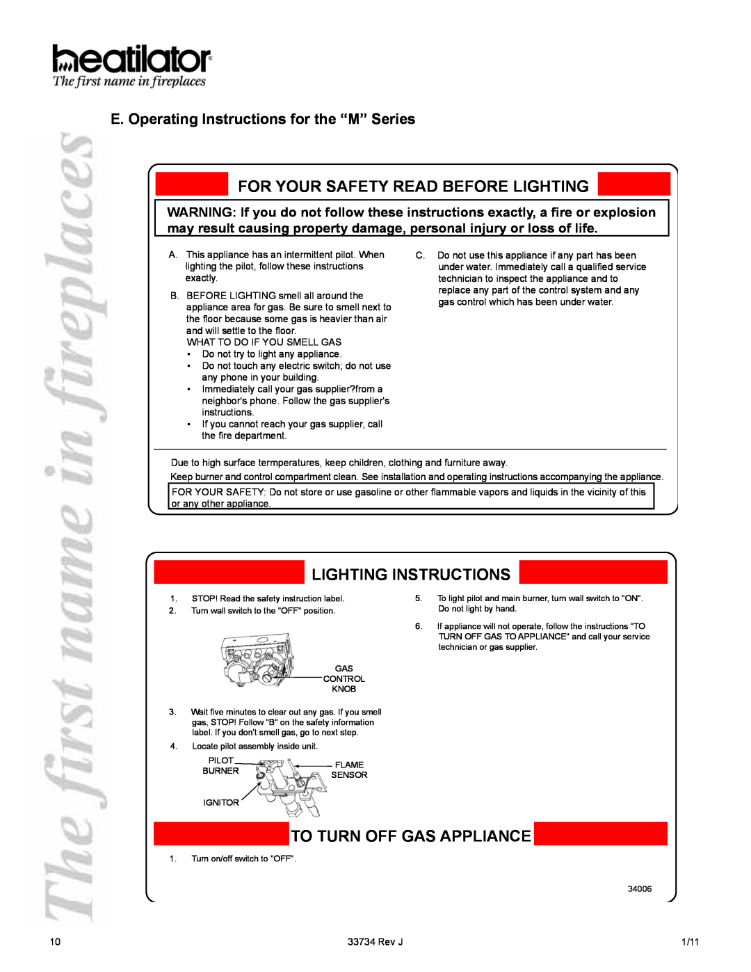 Hearth and Home Technologies FI42M E. Operating Instructions for the “M” Series, For Your Safety Read Before Lighting 