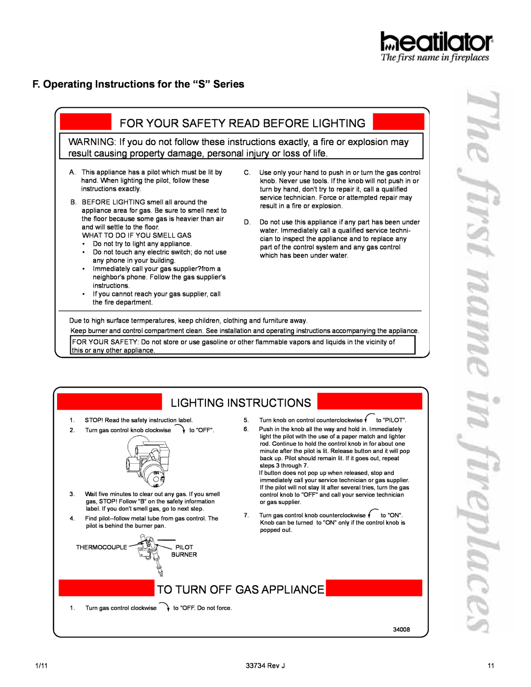 Hearth and Home Technologies FI36S F. Operating Instructions for the “S” Series, For Your Safety Read Before Lighting 