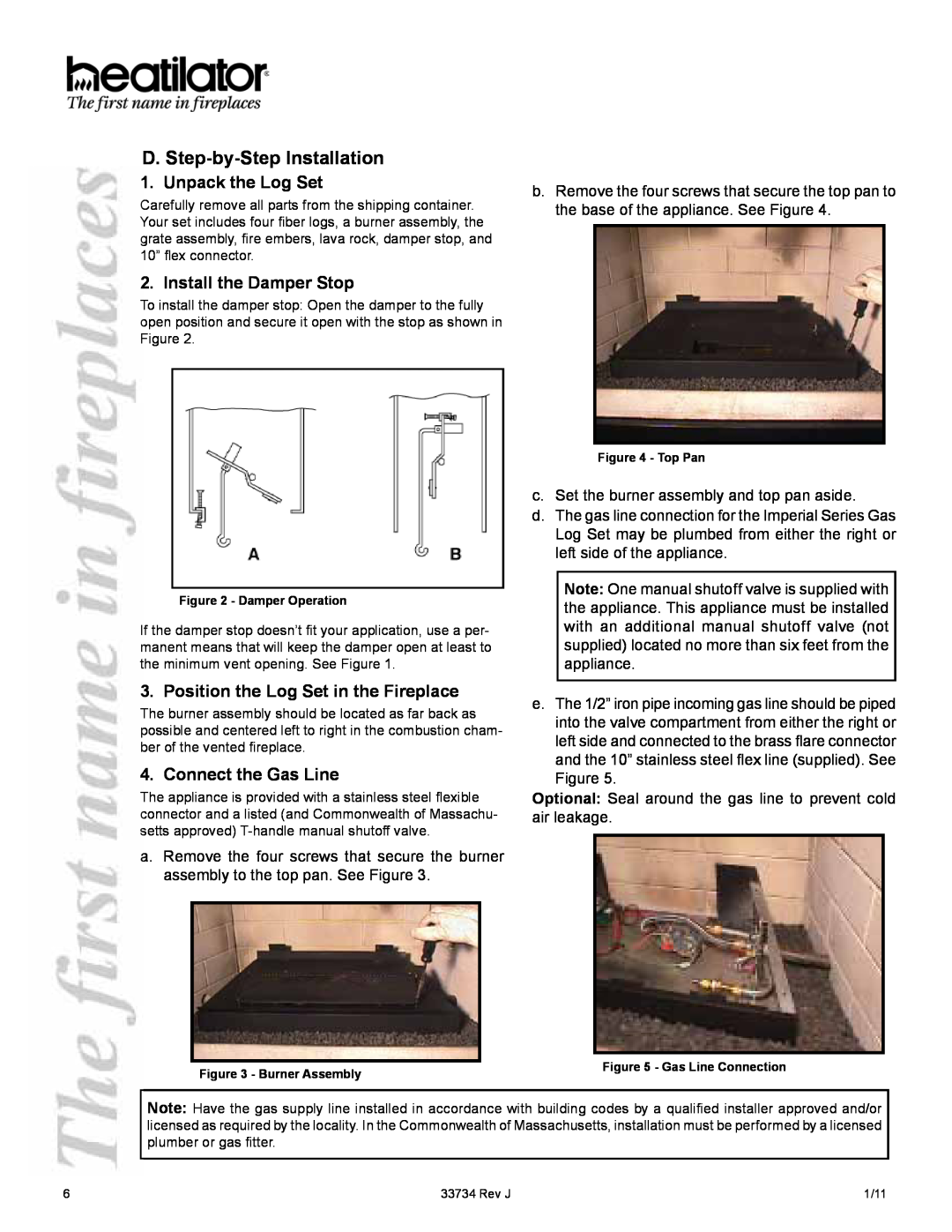 Hearth and Home Technologies FI36ML, FI42S, FI42M D. Step-by-Step Installation, Unpack the Log Set, Install the Damper Stop 