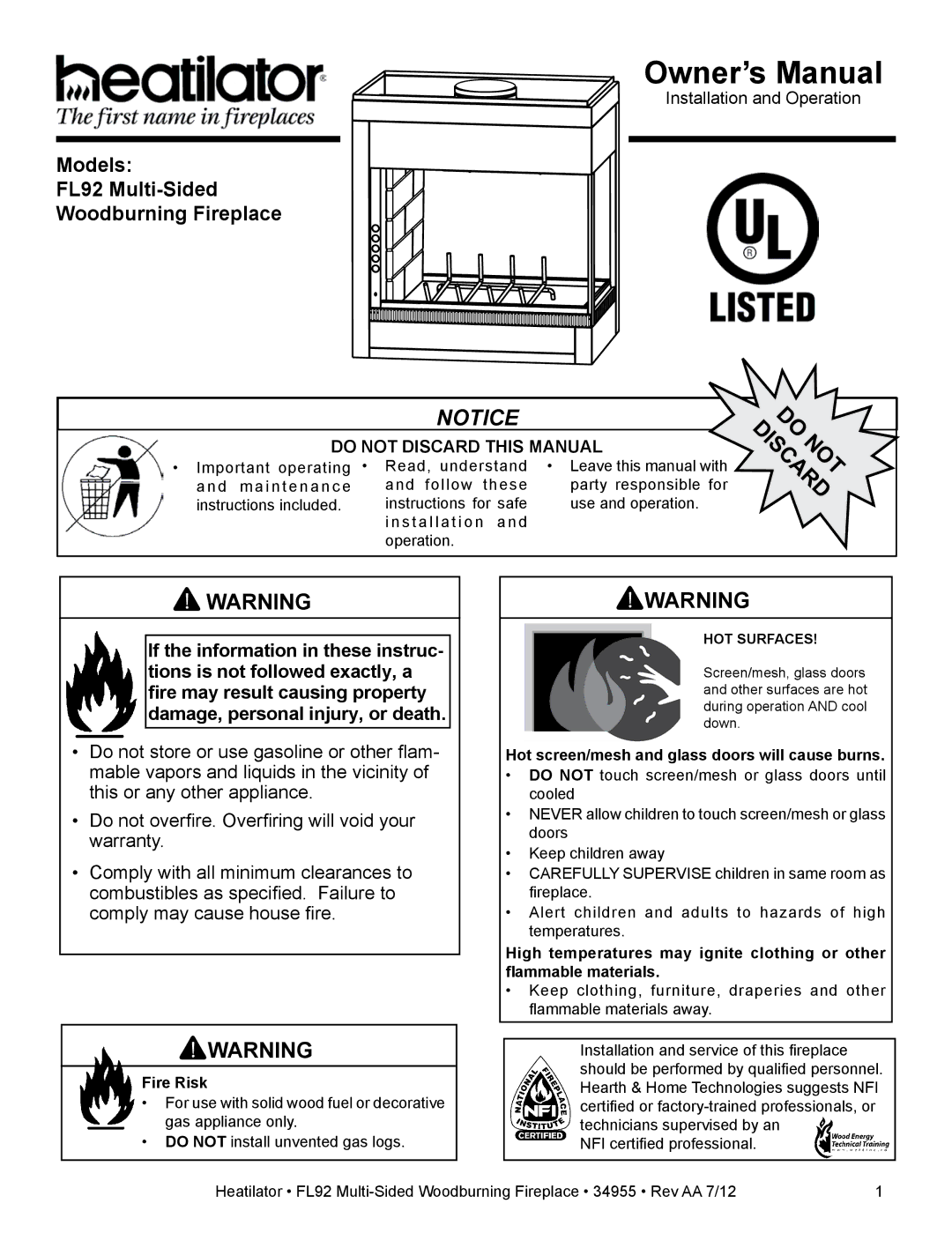 Hearth and Home Technologies FL92 MULTI-SIDED owner manual Fire Risk, Hot screen/mesh and glass doors will cause burns 