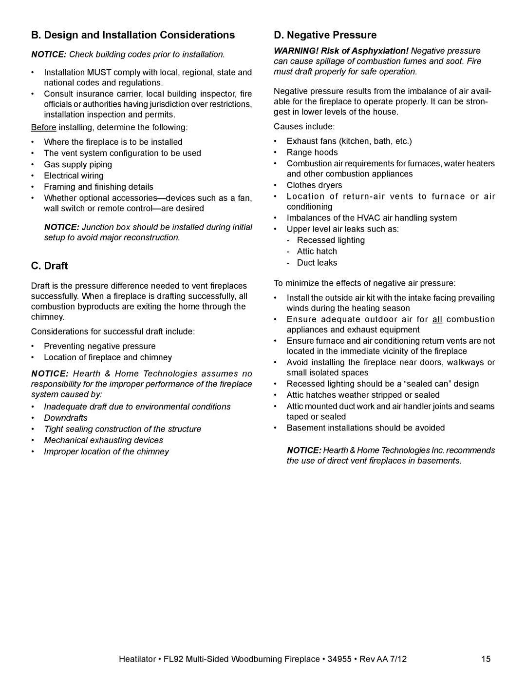 Hearth and Home Technologies FL92 MULTI-SIDED owner manual Design and Installation Considerations, Draft, Negative Pressure 