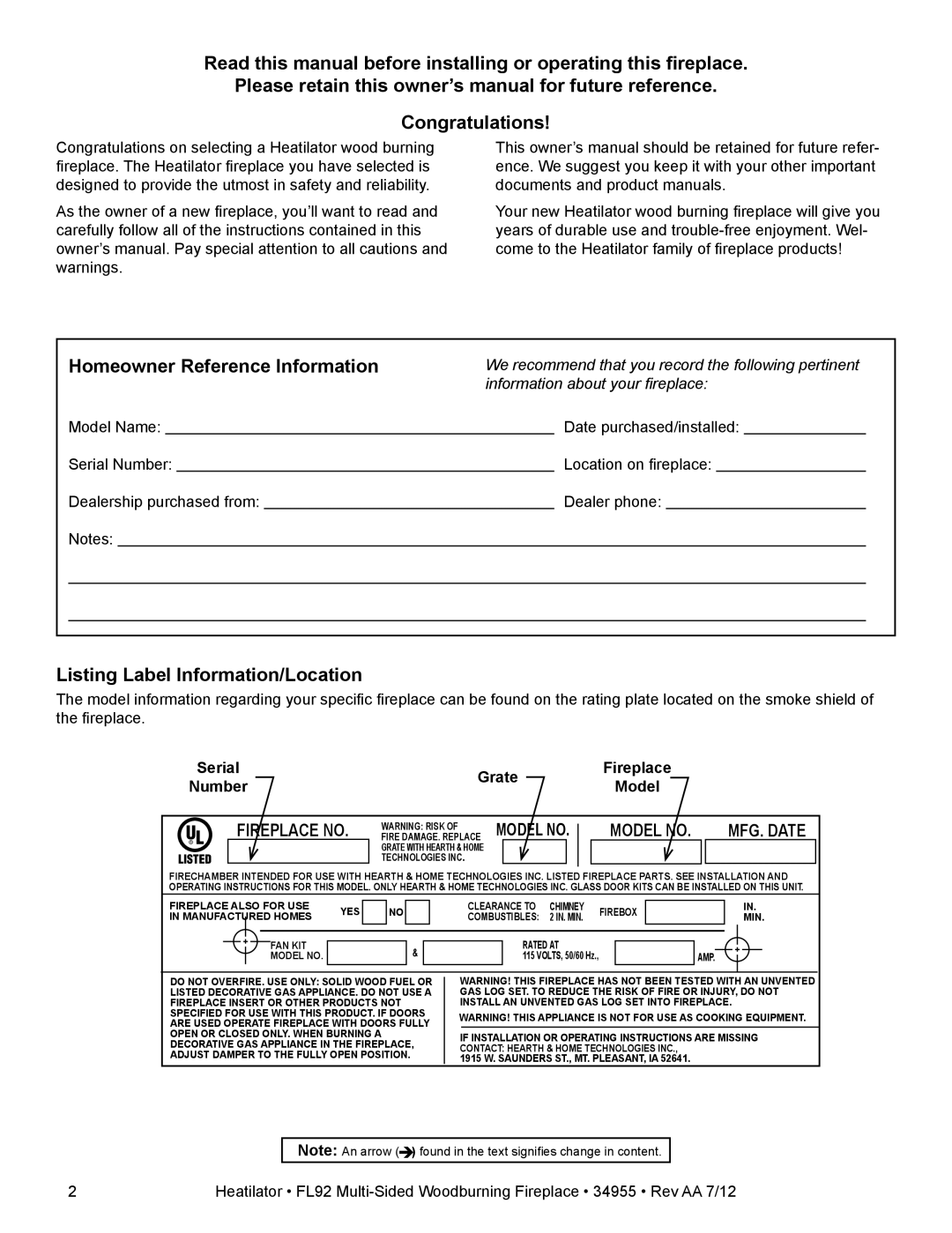 Hearth and Home Technologies FL92 MULTI-SIDED owner manual Listing Label Information/Location, Grate, Number Model 