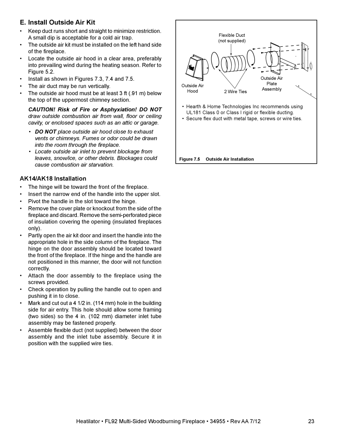 Hearth and Home Technologies FL92 MULTI-SIDED owner manual Install Outside Air Kit, AK14/AK18 Installation 