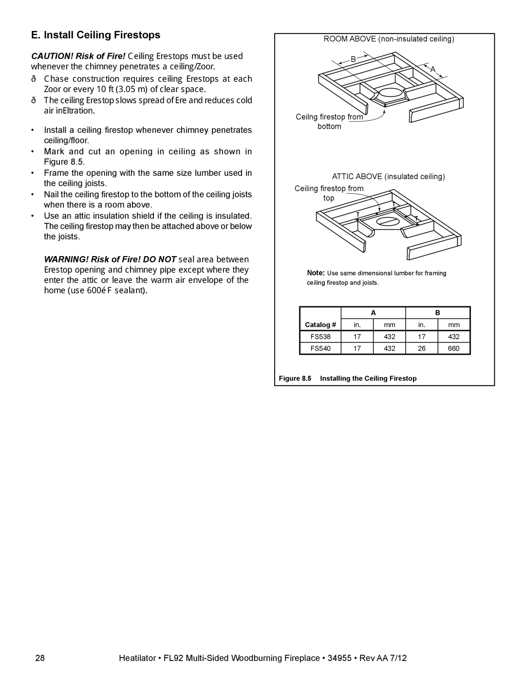 Hearth and Home Technologies FL92 MULTI-SIDED owner manual Install Ceiling Firestops, Installing the Ceiling Firestop 