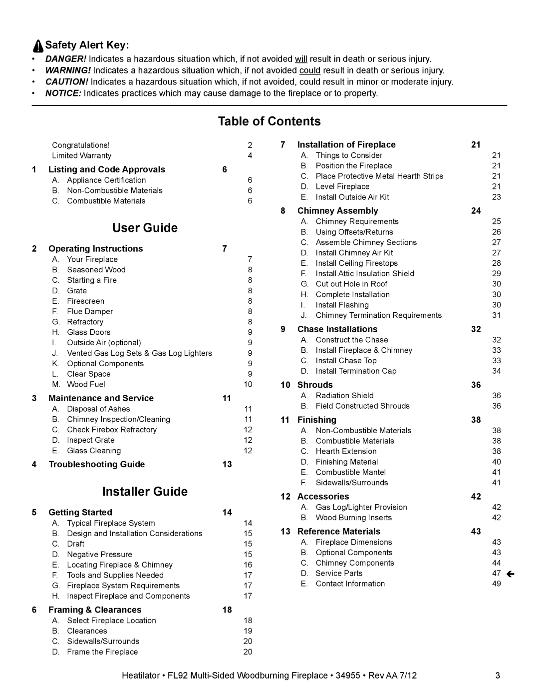 Hearth and Home Technologies FL92 MULTI-SIDED owner manual Table of Contents, User Guide, Installer Guide 