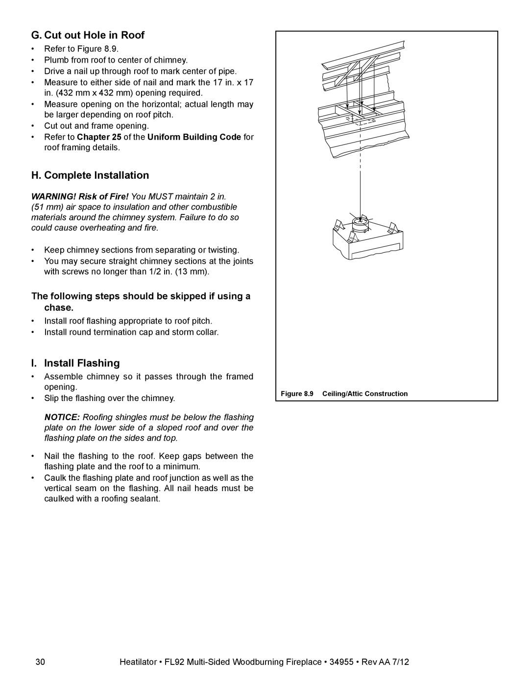 Hearth and Home Technologies FL92 MULTI-SIDED owner manual Cut out Hole in Roof, Complete Installation, Install Flashing 