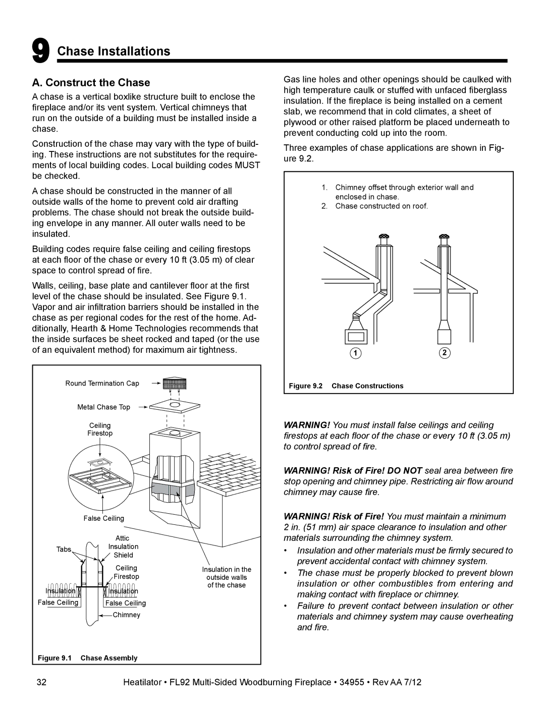 Hearth and Home Technologies FL92 MULTI-SIDED owner manual Chase Installations, Construct the Chase 