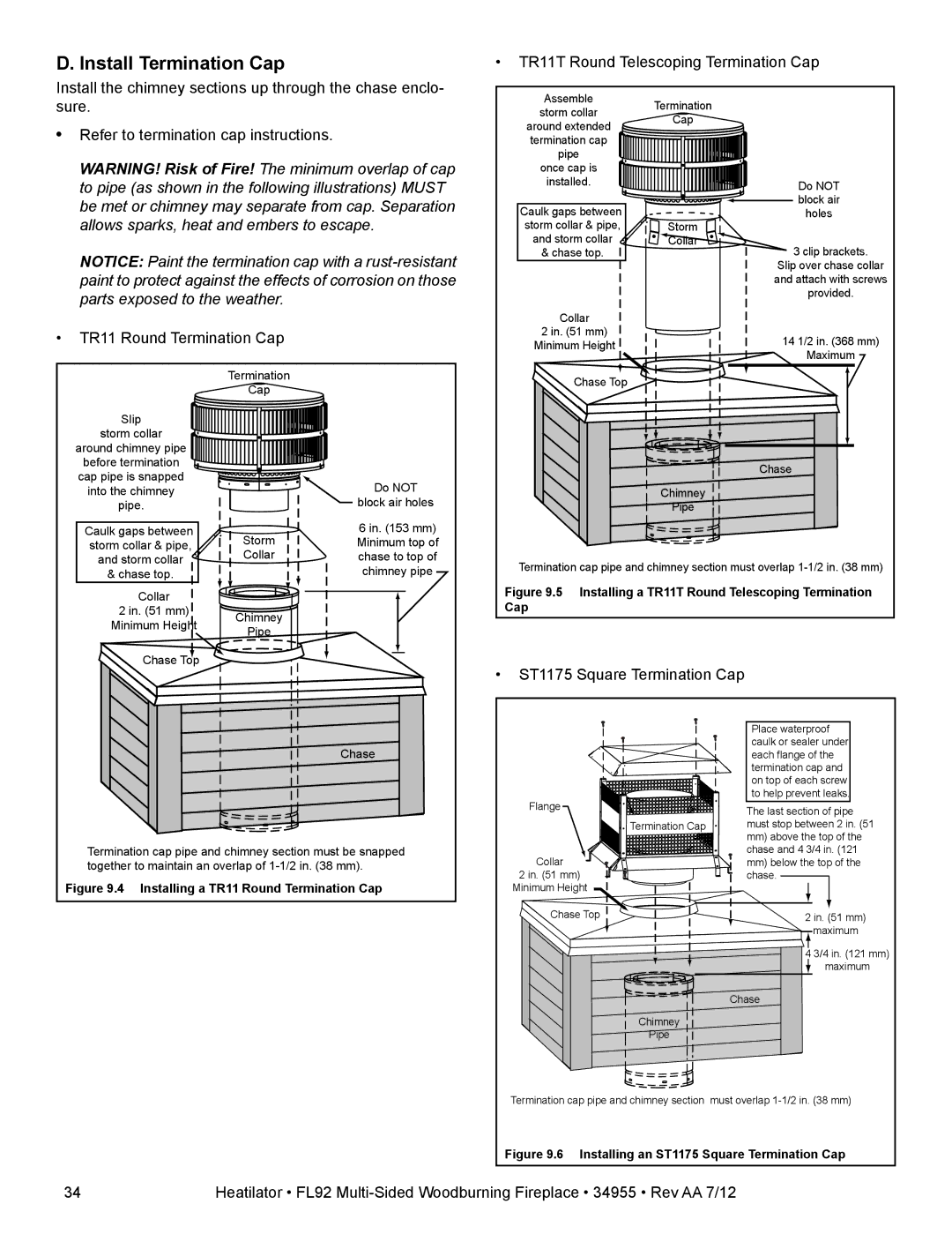 Hearth and Home Technologies FL92 MULTI-SIDED owner manual Install Termination Cap, ST1175 Square Termination Cap 