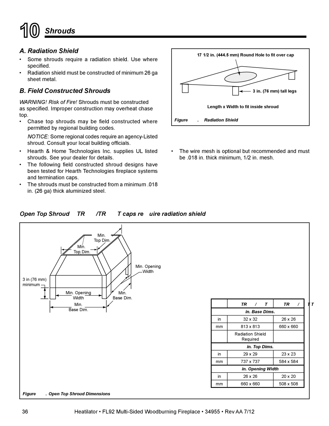 Hearth and Home Technologies FL92 MULTI-SIDED owner manual Radiation Shield, Field Constructed Shrouds 