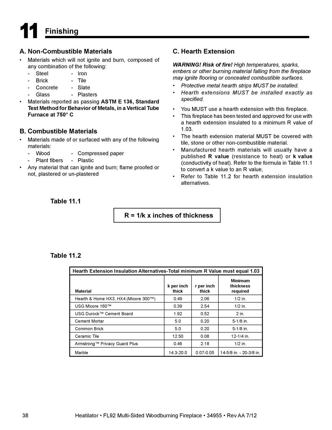 Hearth and Home Technologies FL92 MULTI-SIDED owner manual Finishing, Hearth Extension, = 1/k x inches of thickness 