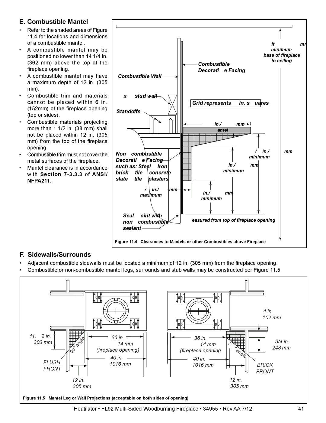 Hearth and Home Technologies FL92 MULTI-SIDED owner manual Combustible Mantel, Sealant 