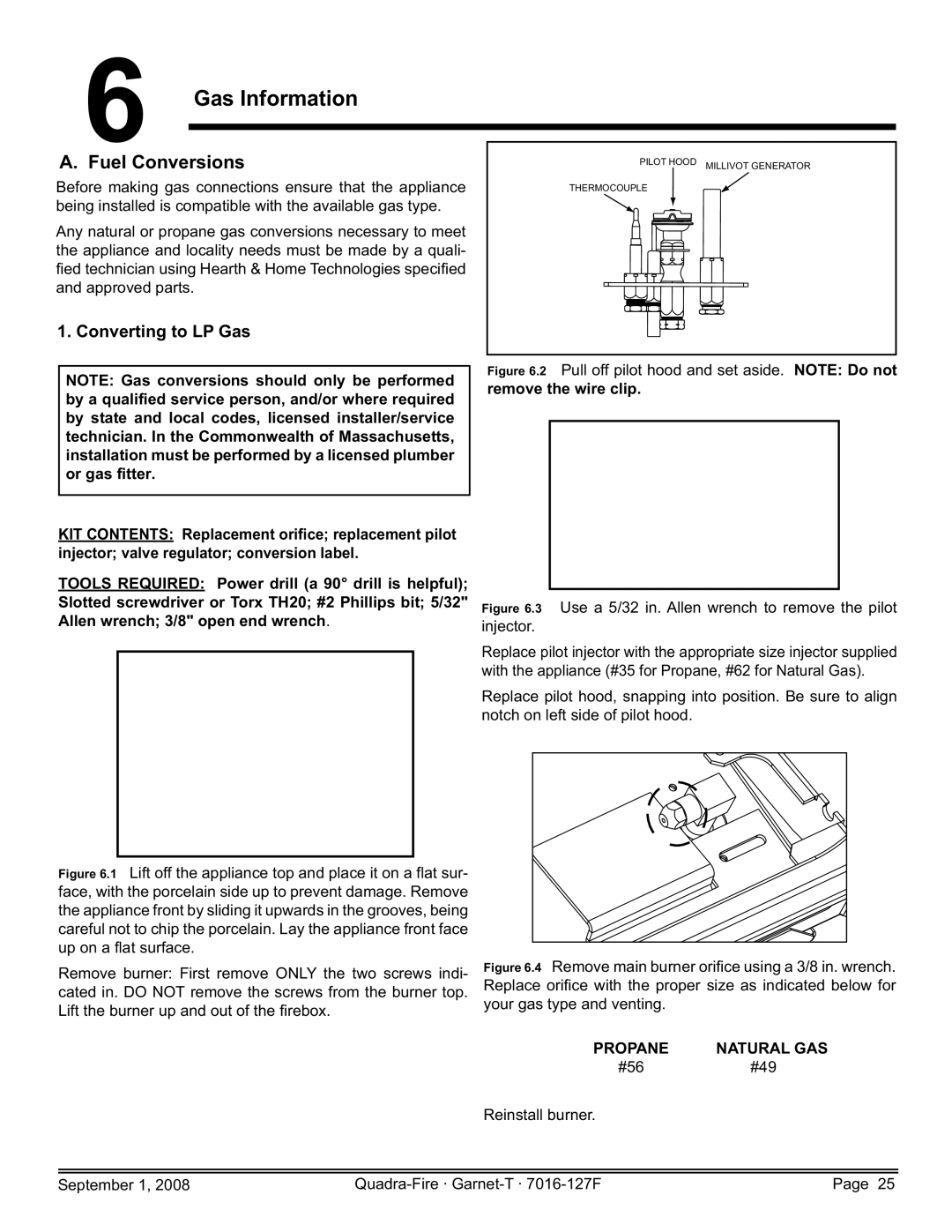 Hearth and Home Technologies GARNET-D-CSB Gas Information, Fuel Conversions, Converting to LP Gas, Propane Natural GAS 