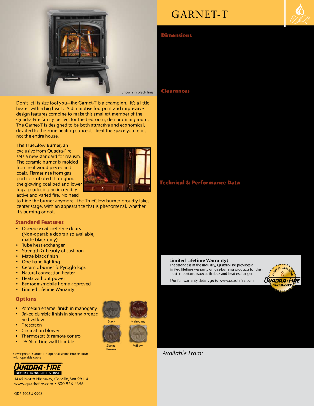Hearth and Home Technologies Garnet-T Cast Iron manual Available From, Standard Features, Dimensions, Clearances, Options 