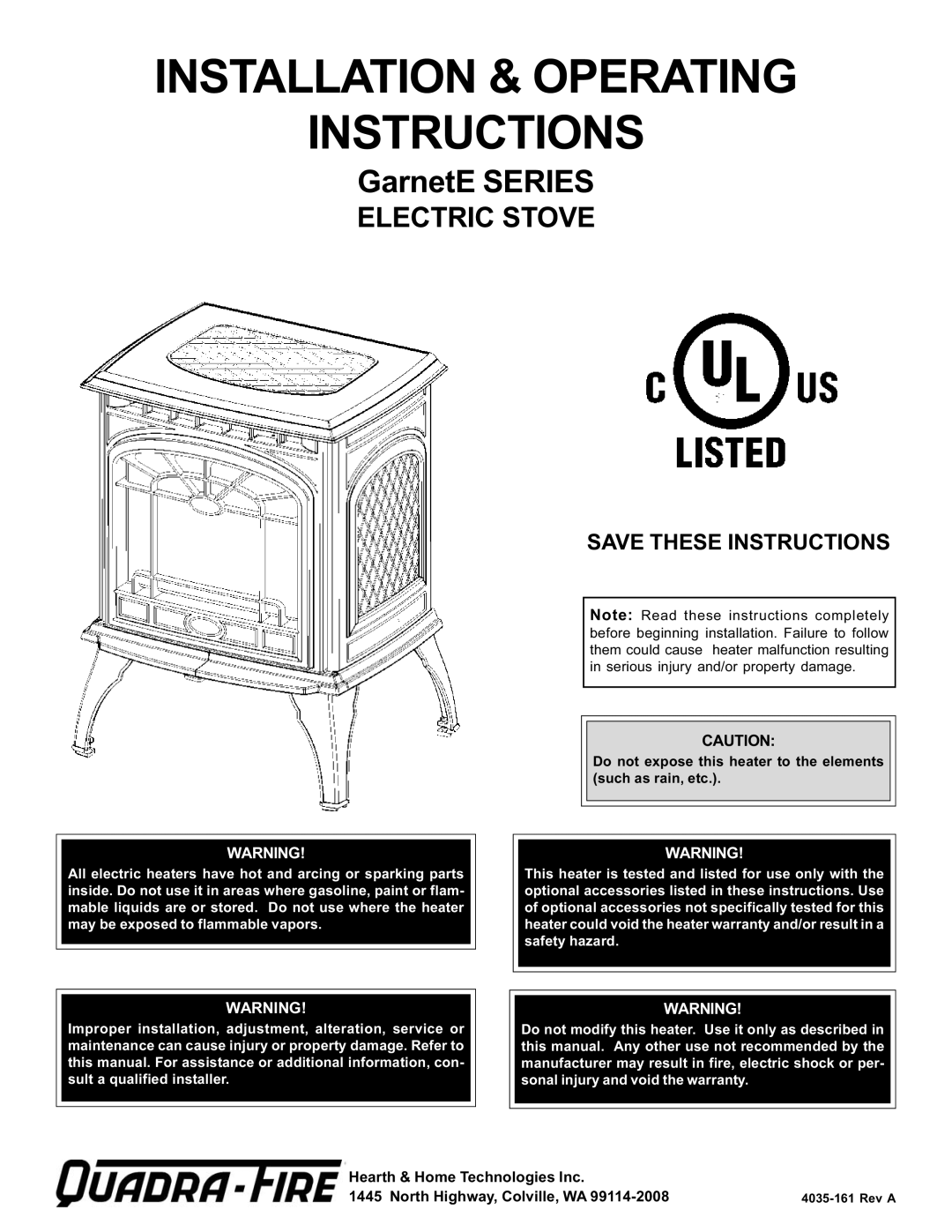 Hearth and Home Technologies GarnetE SERIES warranty Electric Stove 