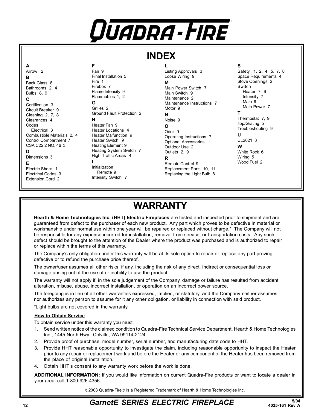 Hearth and Home Technologies GarnetE SERIES warranty Index, Warranty 