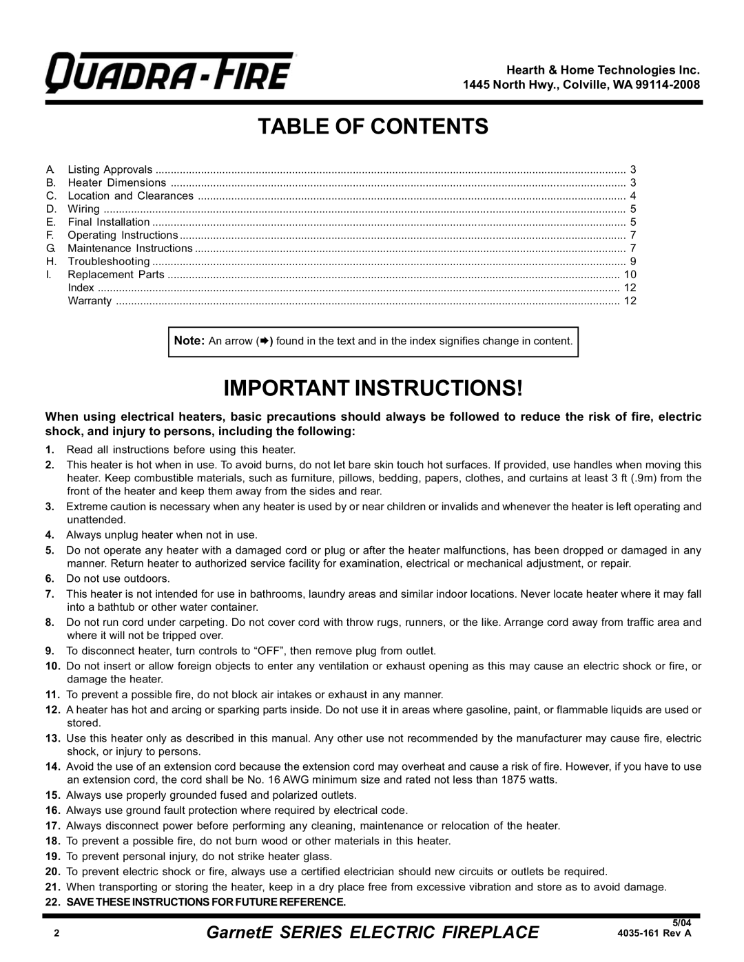 Hearth and Home Technologies GarnetE SERIES warranty Table of Contents, Important Instructions 