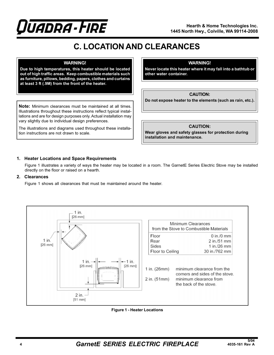 Hearth and Home Technologies GarnetE SERIES warranty Location and Clearances, Heater Locations and Space Requirements 