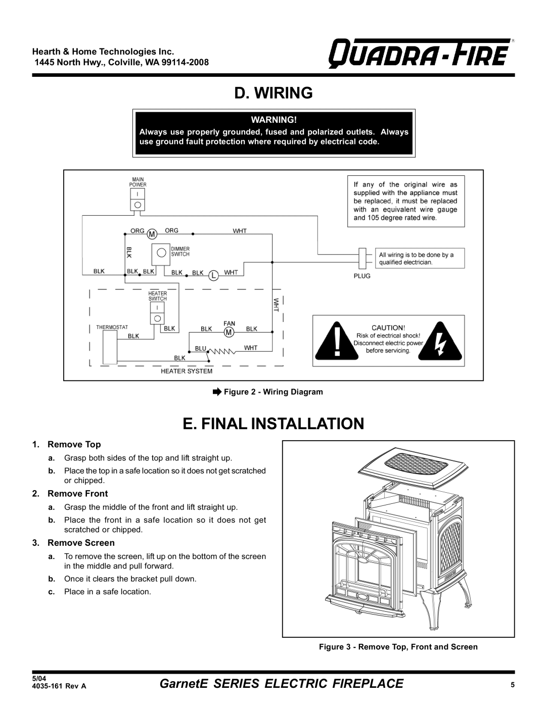 Hearth and Home Technologies GarnetE SERIES warranty Wiring, Final Installation, Remove Top, Remove Front, Remove Screen 