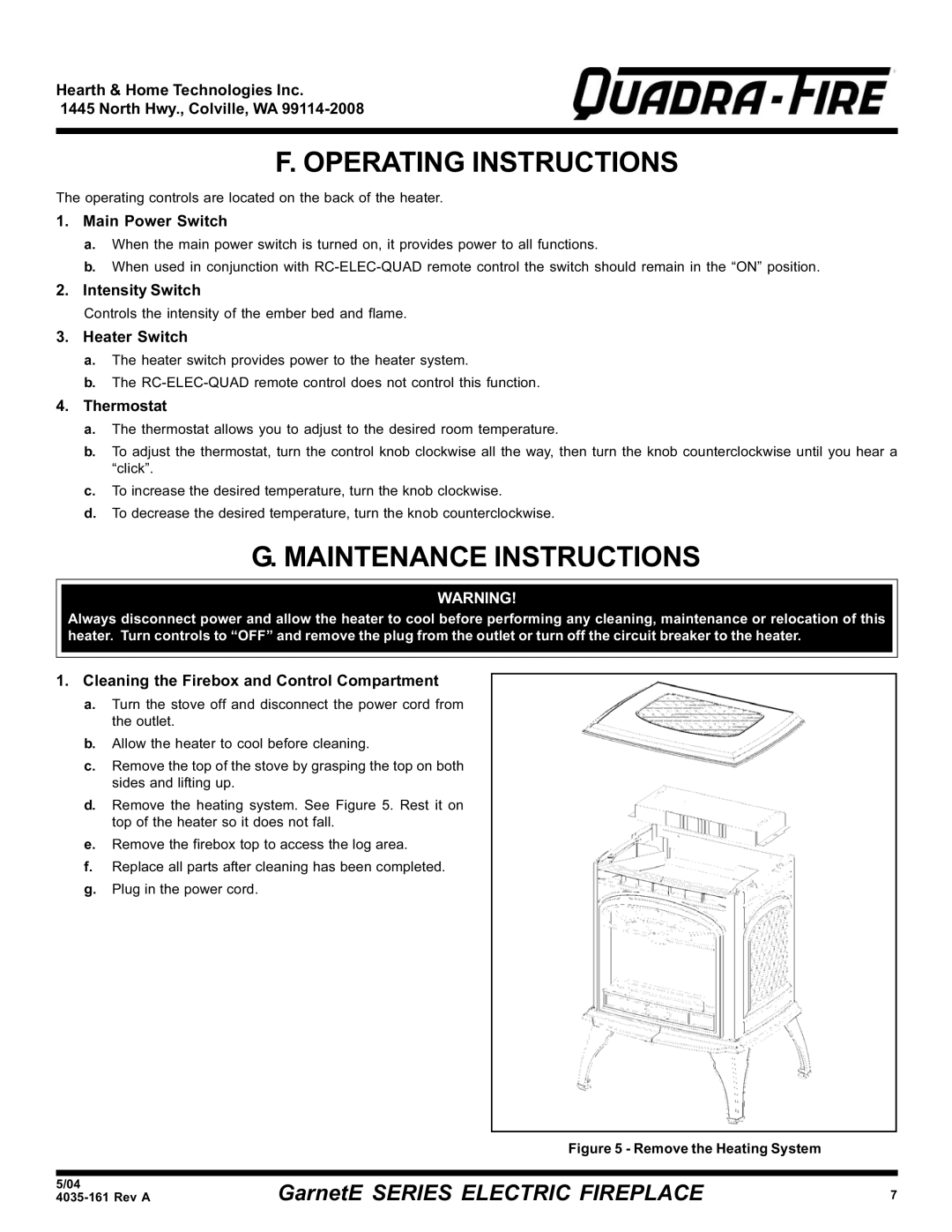 Hearth and Home Technologies GarnetE SERIES warranty Operating Instructions, Maintenance Instructions 