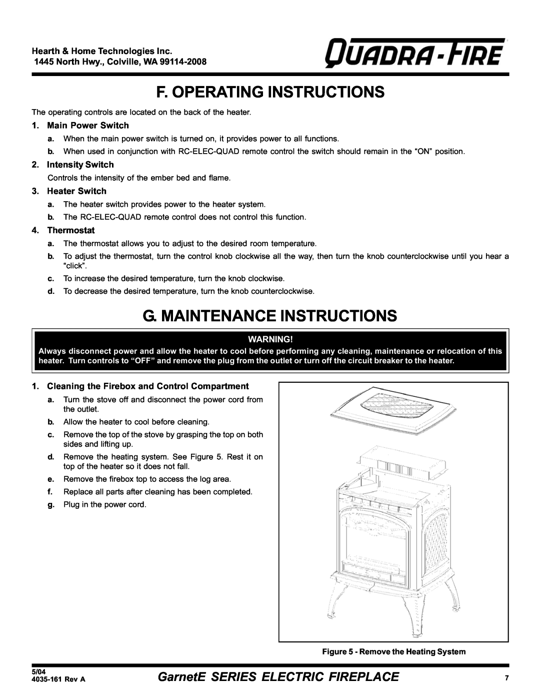 Hearth and Home Technologies GarnetE SERIES F. Operating Instructions, G. Maintenance Instructions, Main Power Switch 