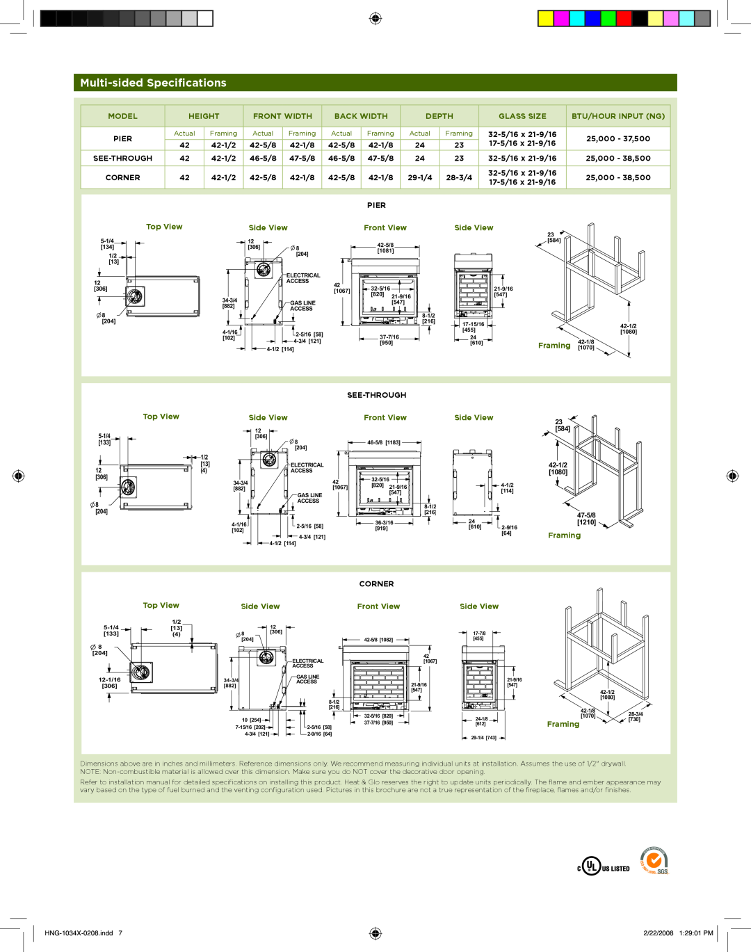 Hearth and Home Technologies GATEWAY manual Multi-sided Specifications, 5-1/4 133, 42-1/2, 1080, 47-5/8, 1210 