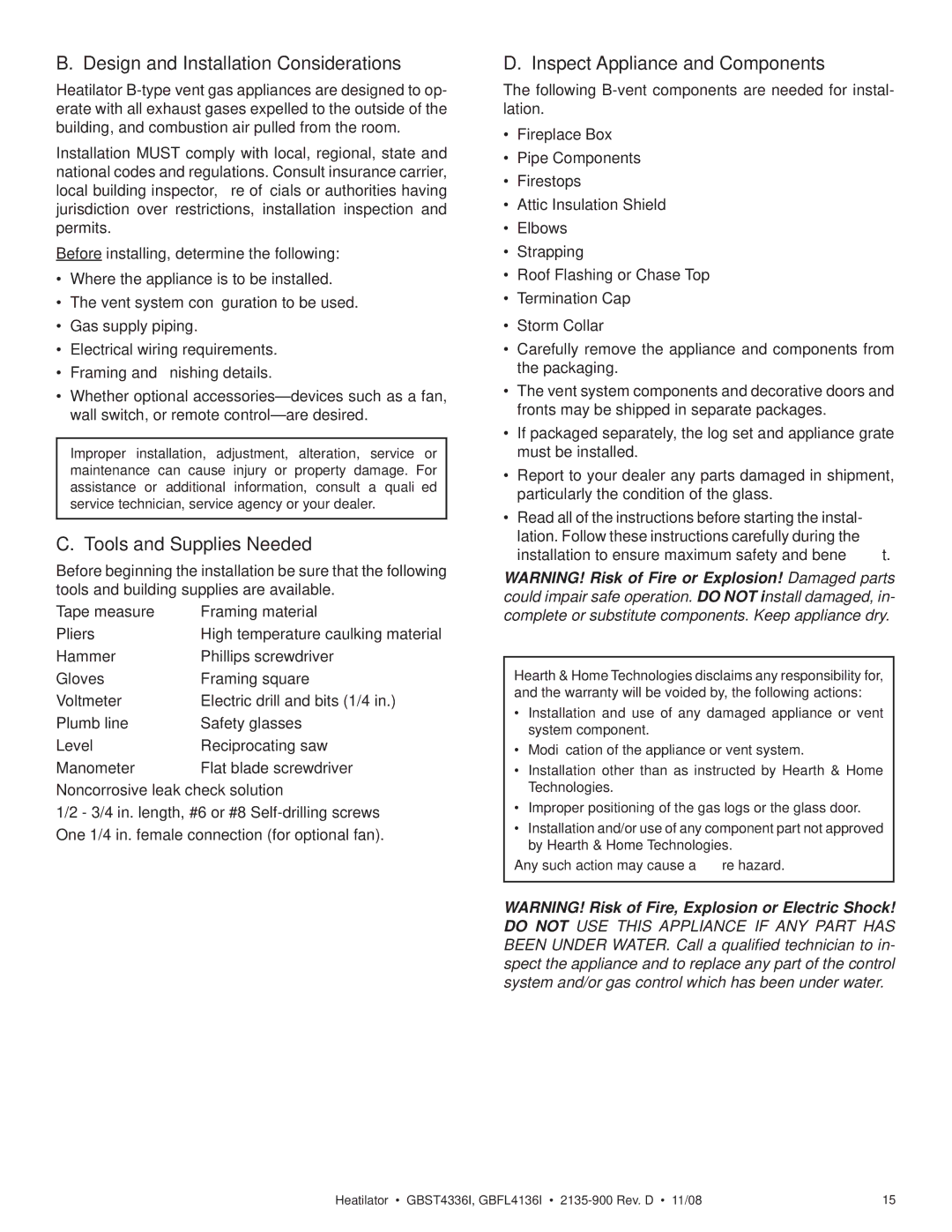 Hearth and Home Technologies GBST4336I, GBFL4136I Design and Installation Considerations, Tools and Supplies Needed 