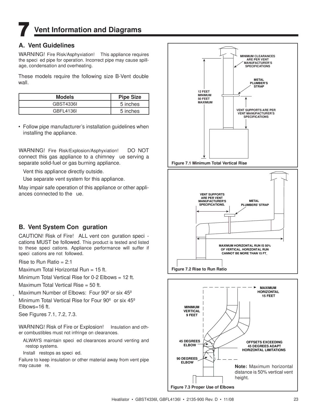 Hearth and Home Technologies GBST4336I Vent Information and Diagrams, Vent Guidelines, Vent System Conﬁguration, Inches 