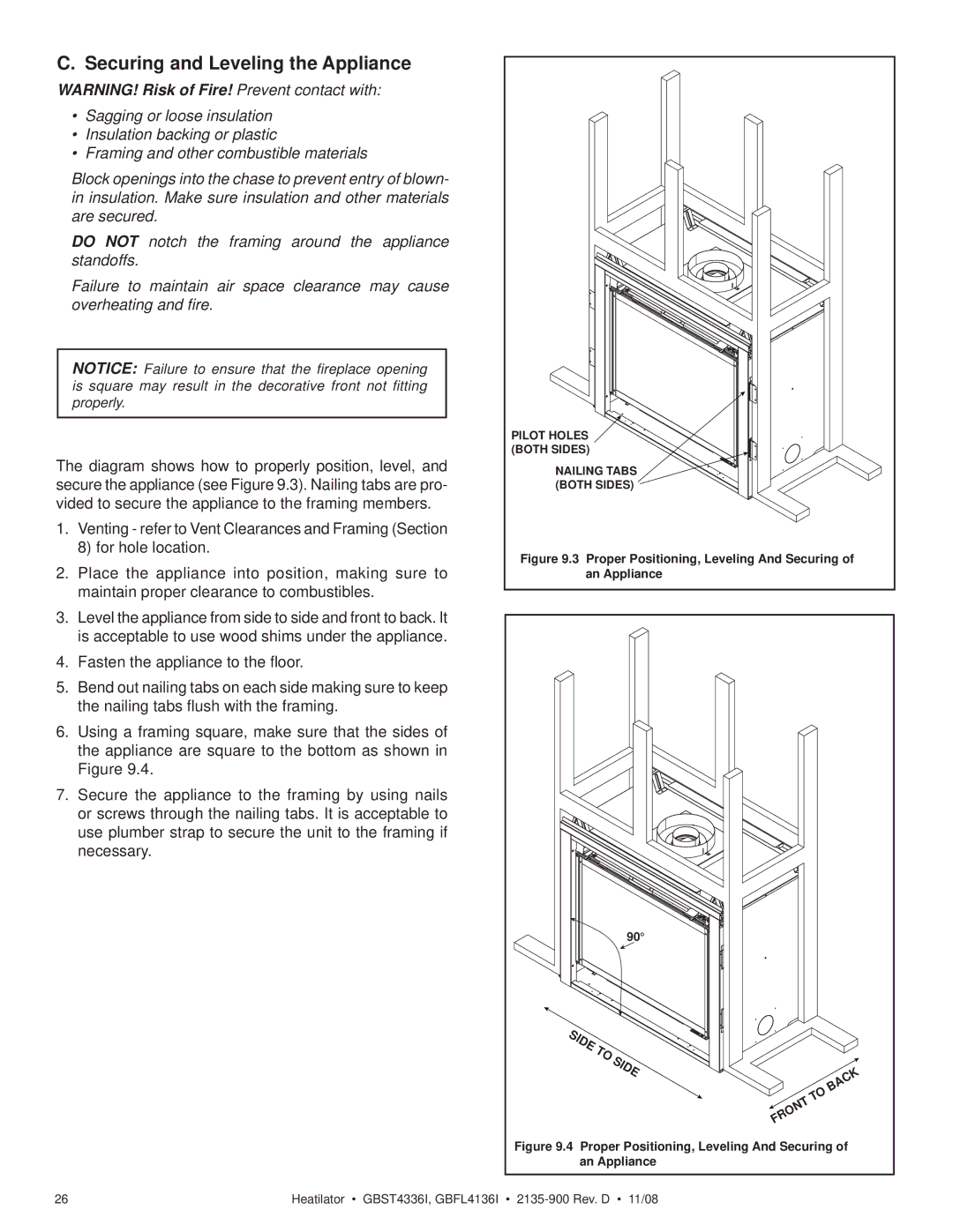 Hearth and Home Technologies GBFL4136I Securing and Leveling the Appliance, Proper Positioning, Leveling And Securing 